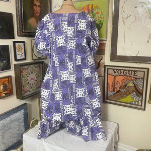 Purple White Black Hawaiian Print Scoop Neck Short Sleeve Ruffle Hem MuuMuu 3X